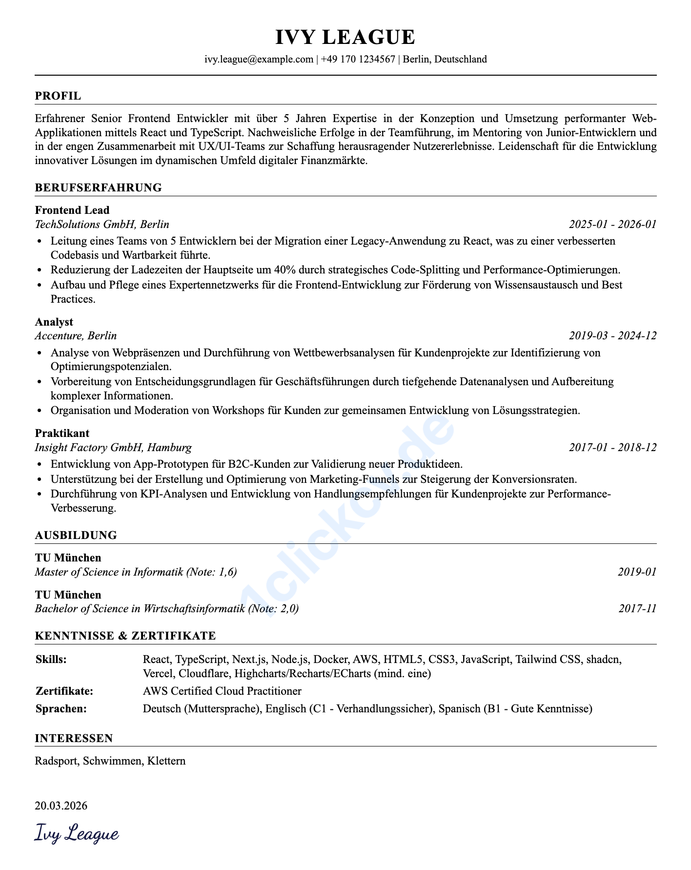 1ClickCV – CV Vorschau