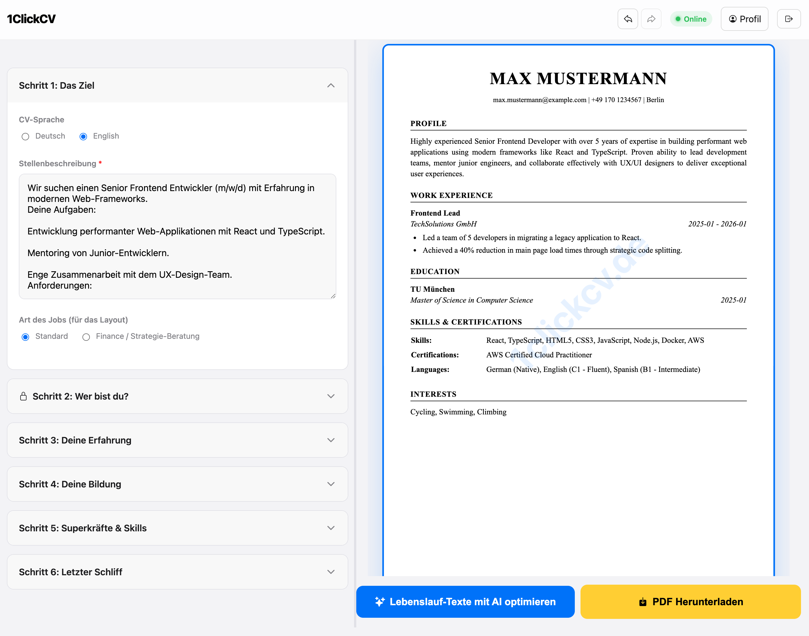 1ClickCV Editor – Lebenslauf erstellen